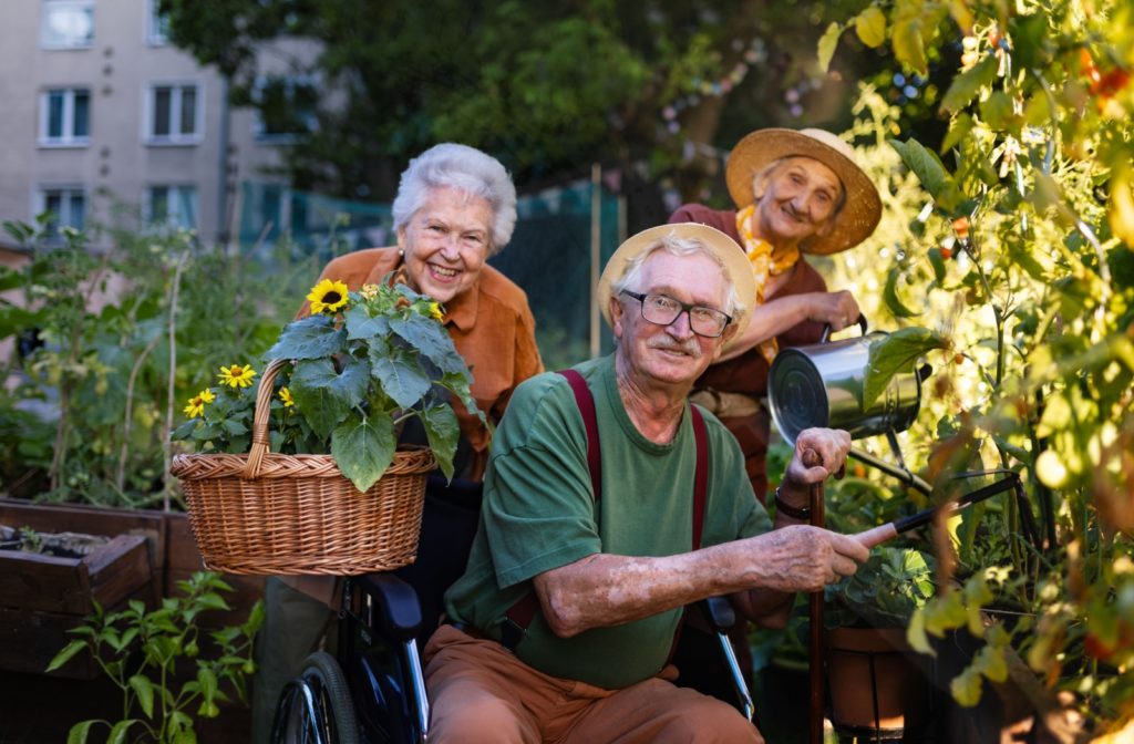 A group of smiling older adults gardening together.