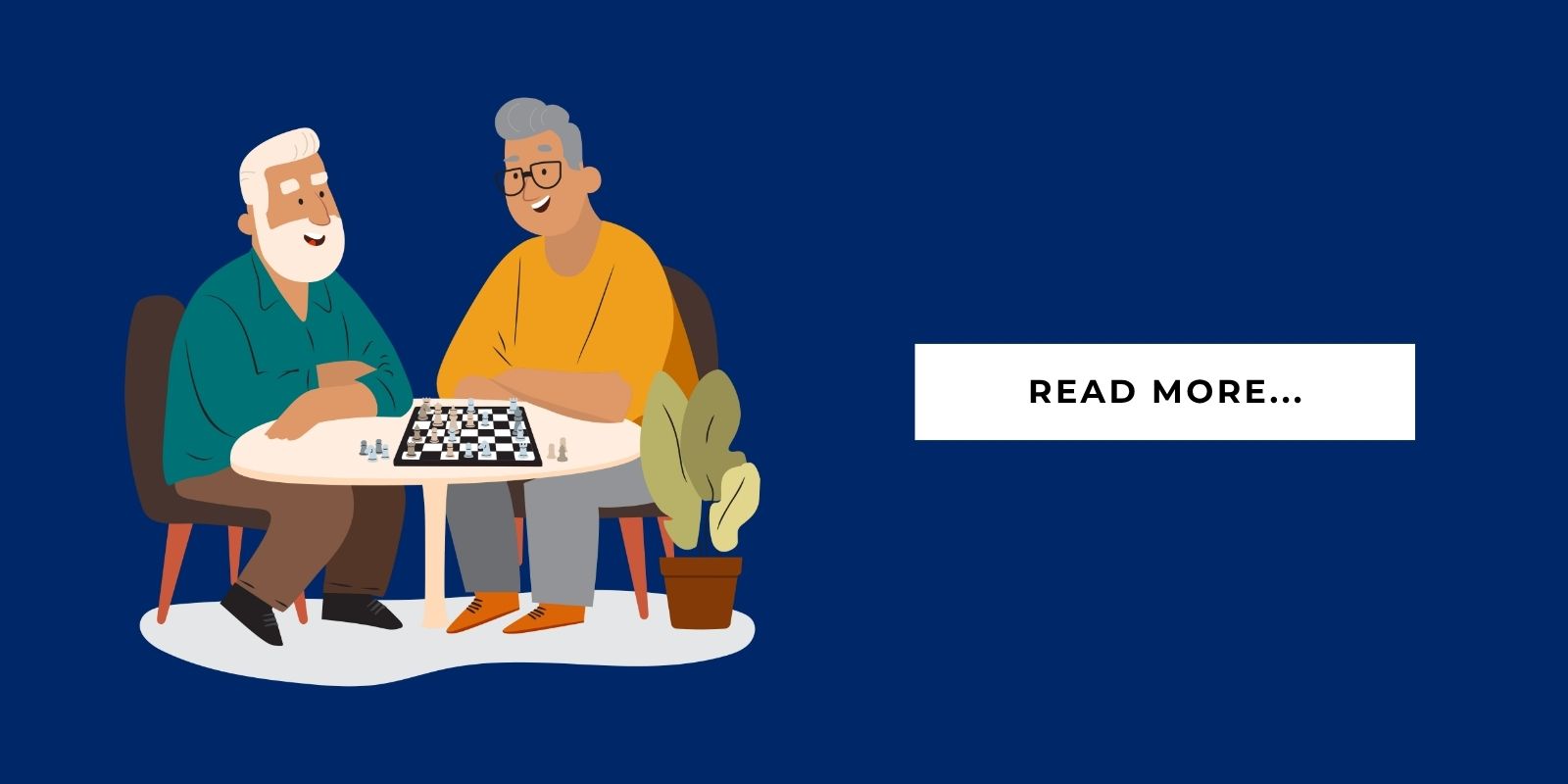 An illustration of two seniors playing board games with a button that says, "Read More..."