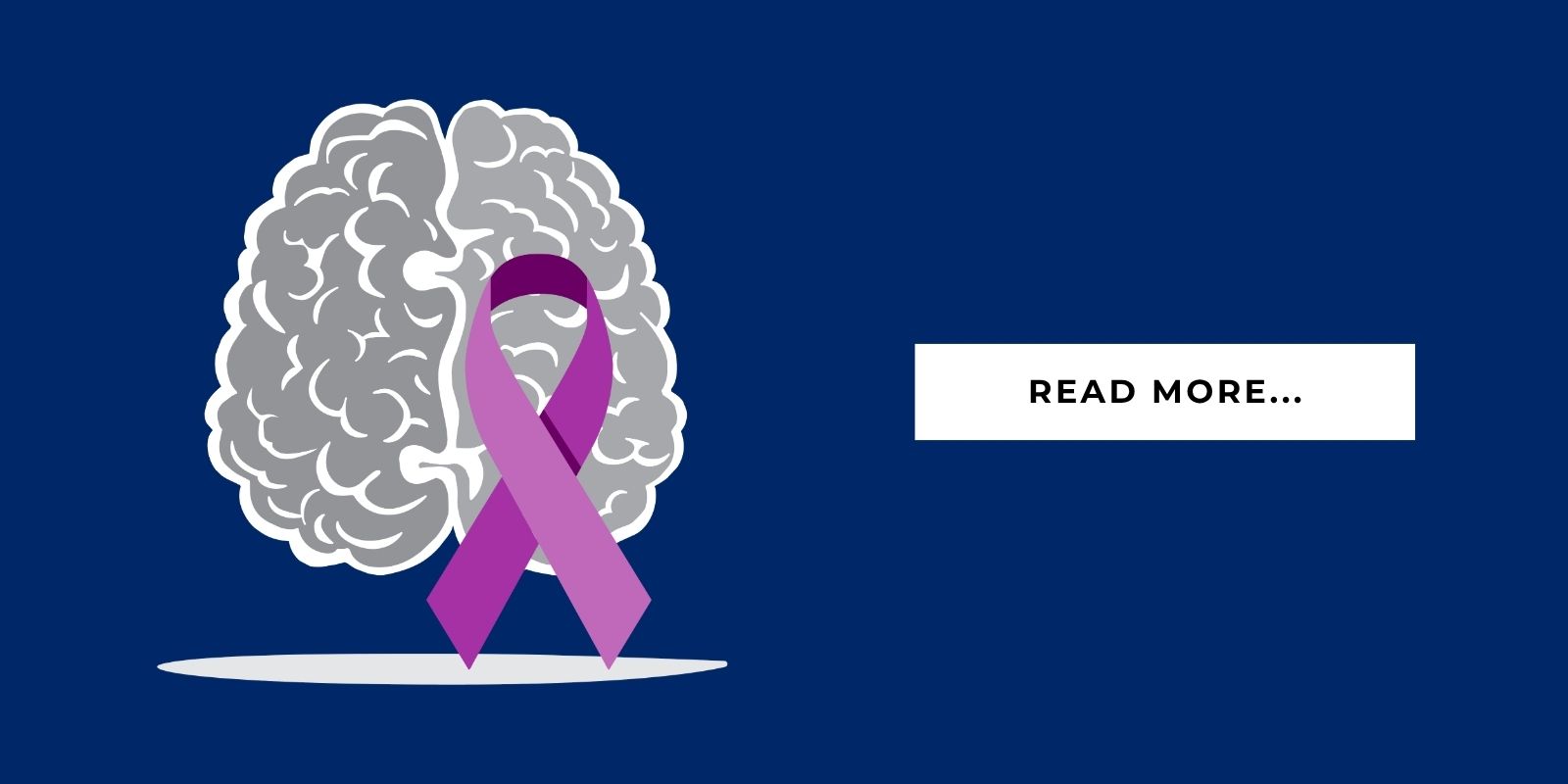 An illustration of a brain and a purple ribbon to represent Alzheimers that says, "Read More..."