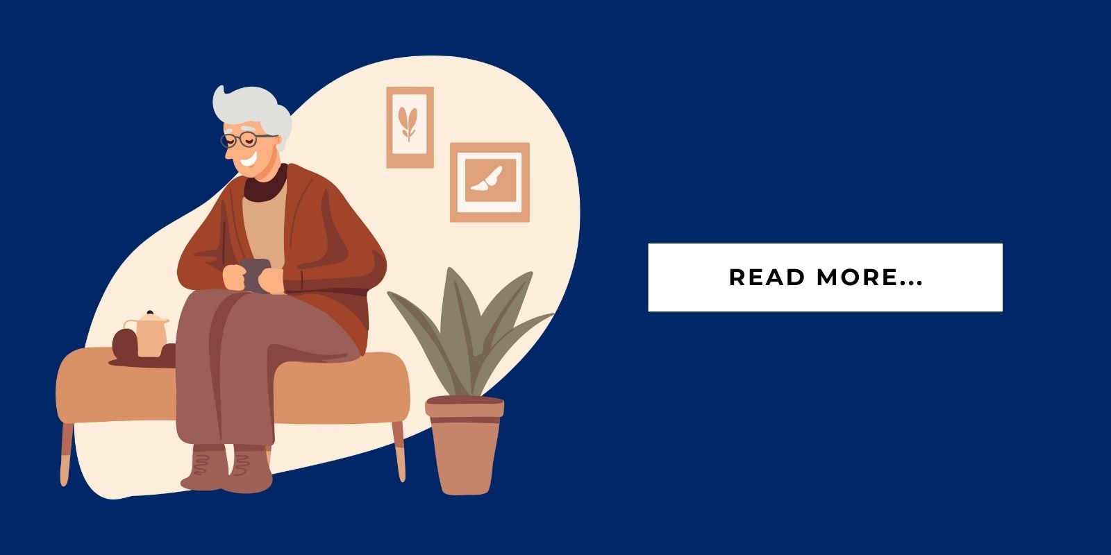 An illustration of a senior sitting in their senior living apartment with a button that says, "Read More..."