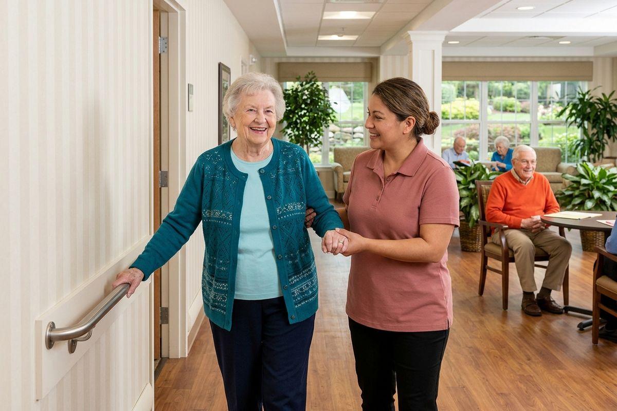 A caregiver supports an older adult in senior living as they navigate a bright common area using a handrail.