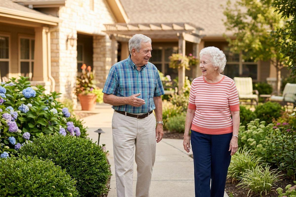 A pair of older adults smile and chat as they enjoy an outdoor paved path in a senior living community.