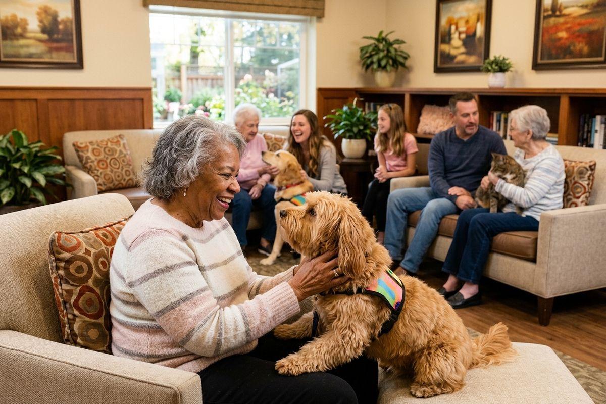 A lively gathering of seniors and visiting family members enjoying dog companions during pet therapy.