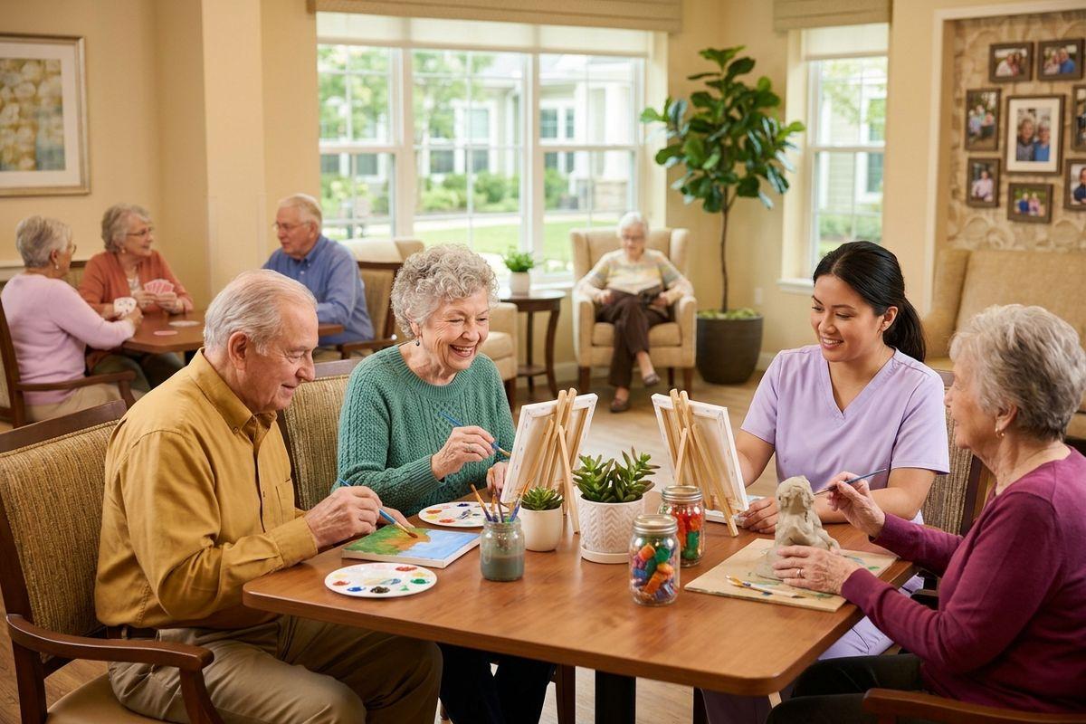 A group of seniors and a caregiver enjoy an art activity together in an assisted living community.