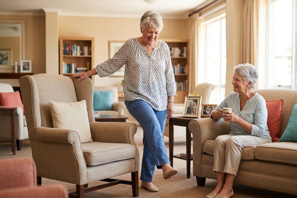 An older adult demonstrates a balance exercise to a friend while holding an armchair for support in a bright assisted living common area.