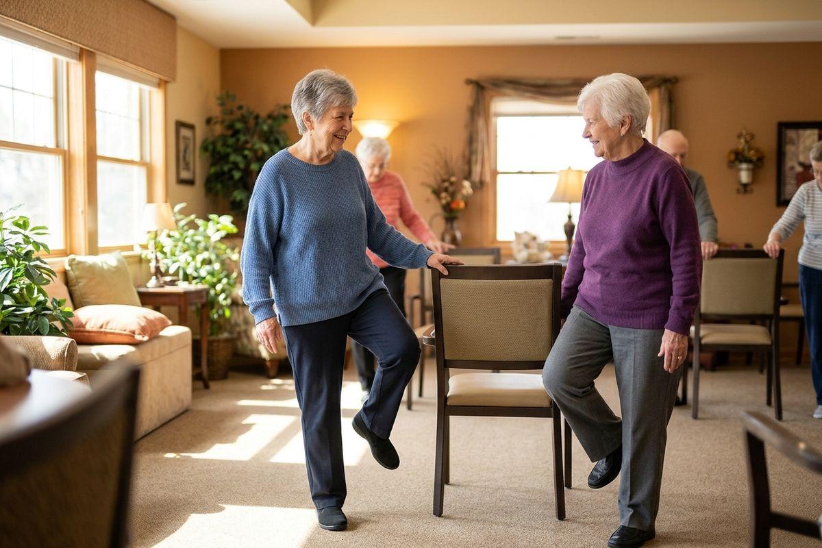 A group of older adults in a senior living community practice balance exercises, standing on one foot while using a sturdy chair for balance.