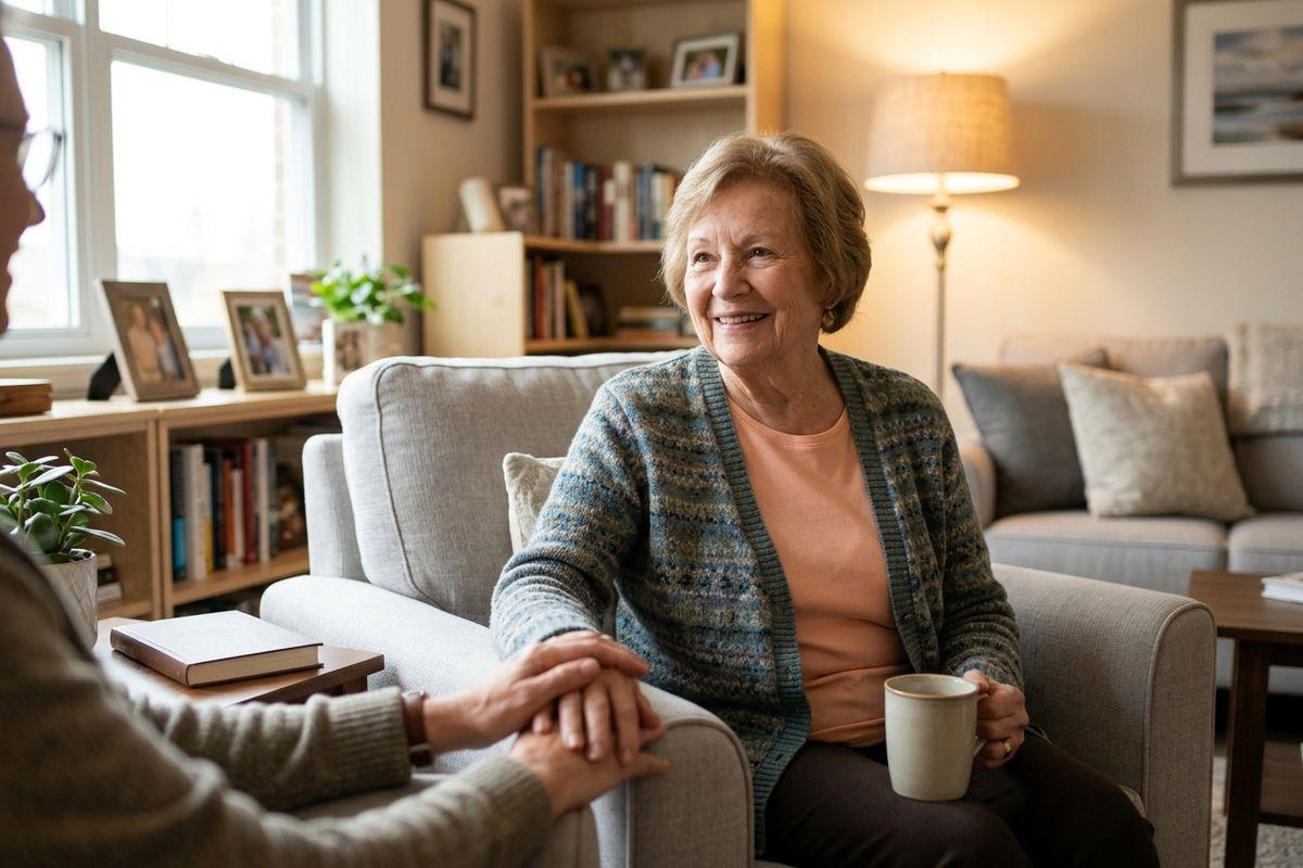 A family member holds the hand of another family member off camera during a visit in assisted living.