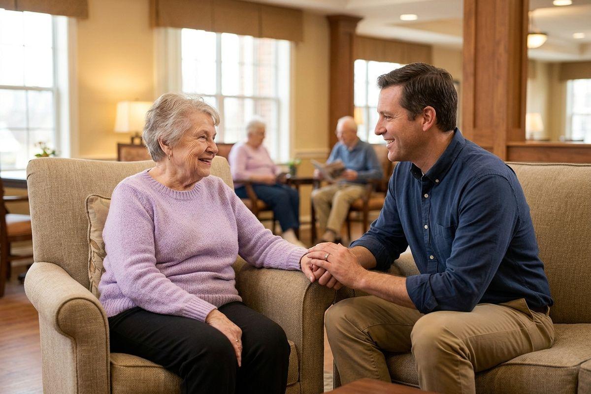 A family member holds the hand of their senior parent in assisted living during a visit.