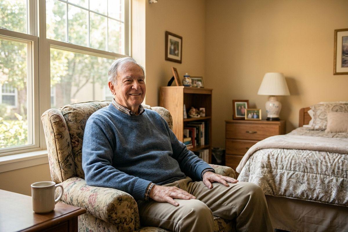 A senior in a blue sweater sits smiling in a floral armchair by a window, beside a bed, dresser, and bookshelf in a sunlit bedroom.