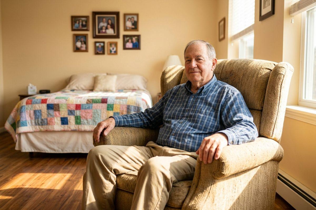 A senior sits in a beige armchair in a sunlit bedroom, smiling slightly, with a quilt-covered bed and framed family photos behind.