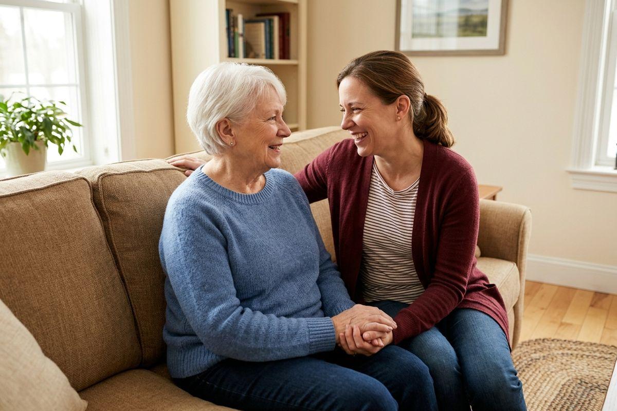 A senior and a younger woman sit close together on a beige sofa at home, holding hands and smiling at each other.
