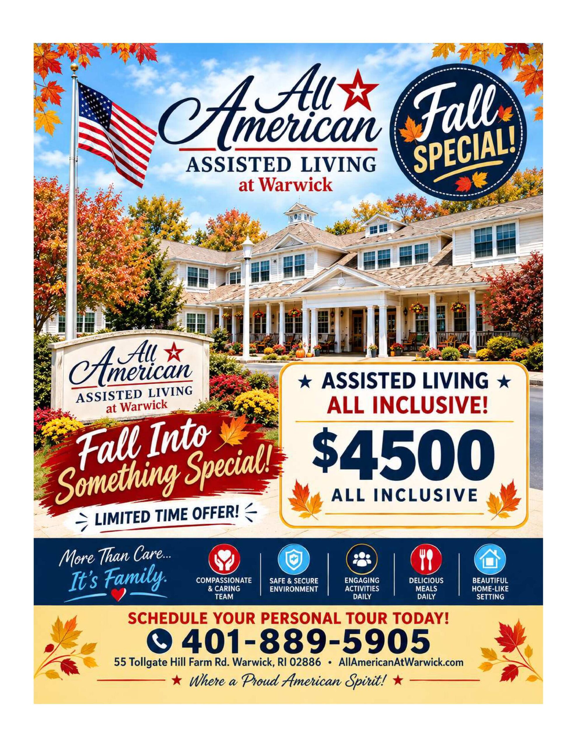 All American Assisted Living at Warwick promotional montage with fall colors and a large 'Fall Special' circle sign and American flag outside a house