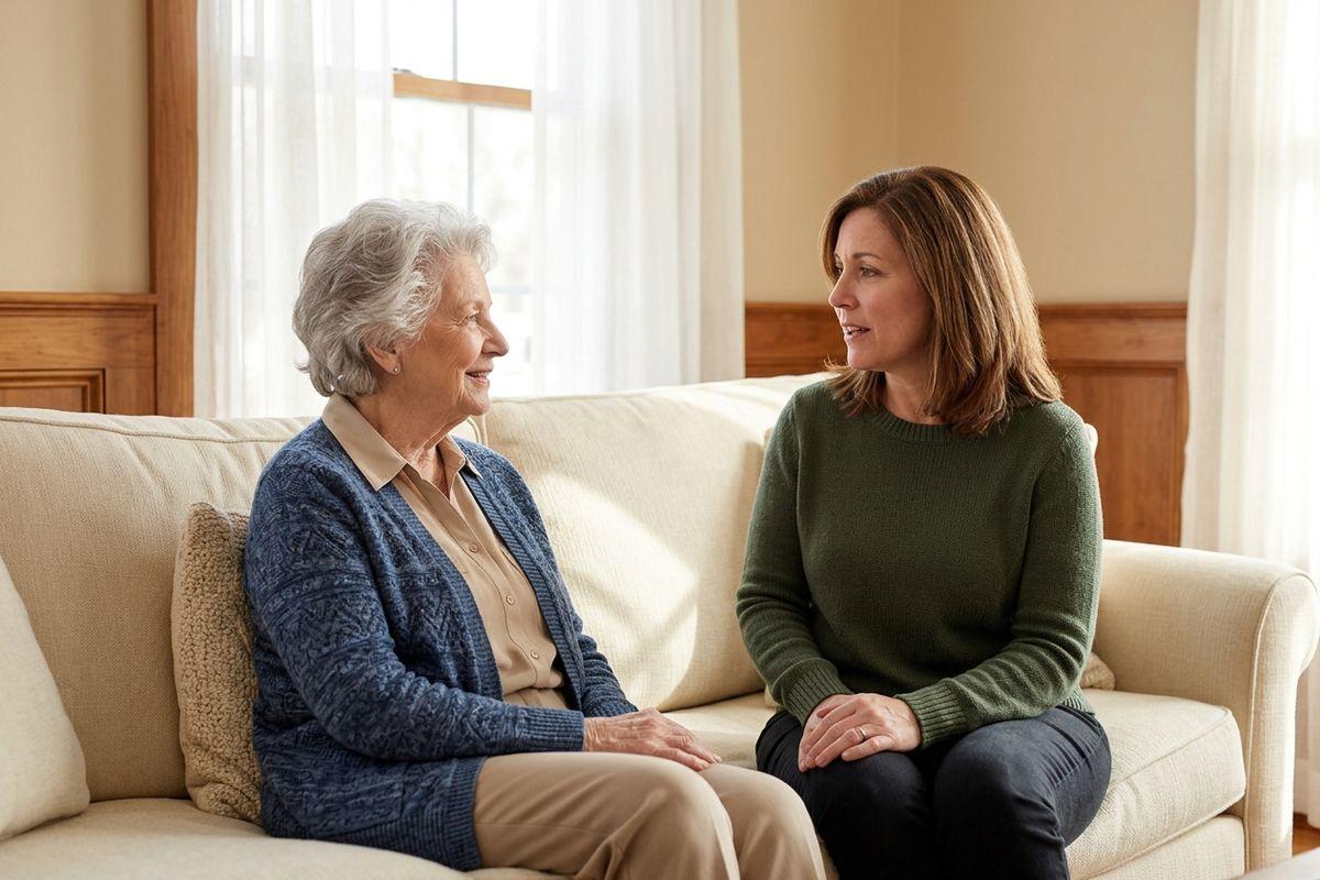 A senior and a younger woman sit facing each other on a beige sofa in a sunlit living room, talking and smiling.