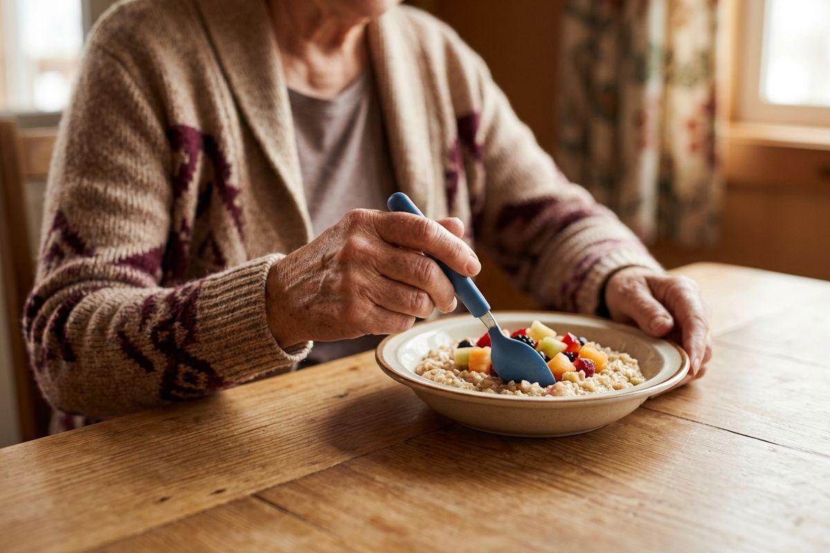 A senior in a knit cardigan uses a wide-handled spoon to eat a bowl of topped with fruit at a wooden table.