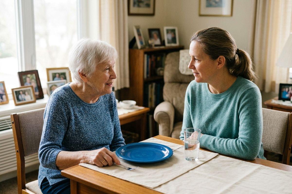 Two women, an elderly woman and a younger woman, chat at a dining table with a blue plate on the tableware set.