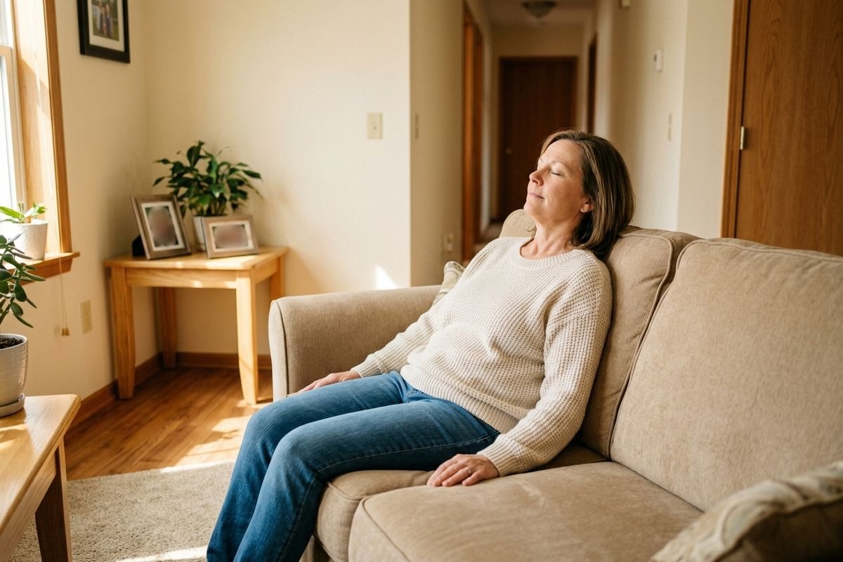 Woman relaxing on a beige sofa in a sunlit living room, eyes closed and head tilted back in contentment for a calm, at-home moment.